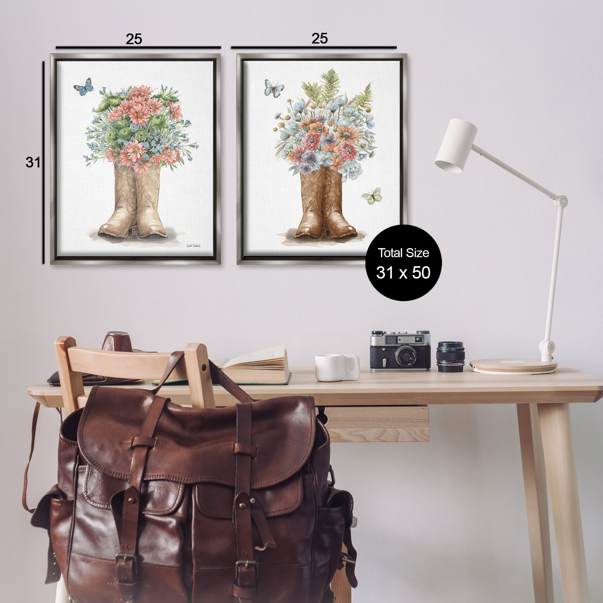 Stupell Industries Wildflower Western Boots Butterfly Plants & Flowers Painting Gray Floater Framed Canvas Art Print Wall Art, 31 x 25, Set of 2