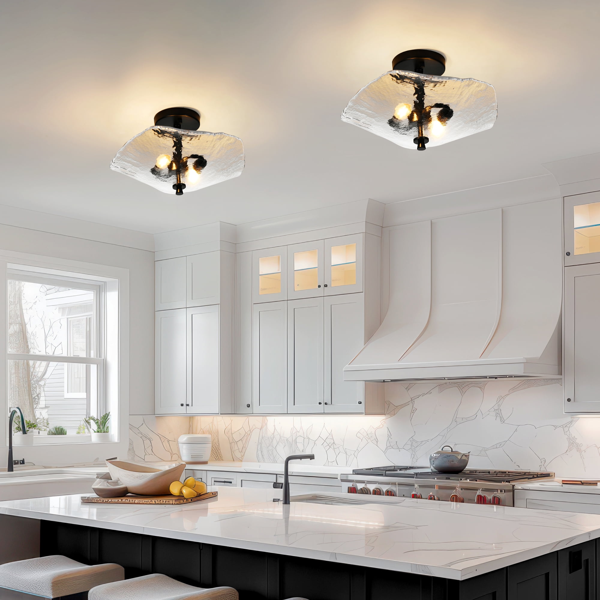 16.5 in. 2-lights Black Flush Mount Ceiling Light Fixtures with Water Ripple Glass Shade