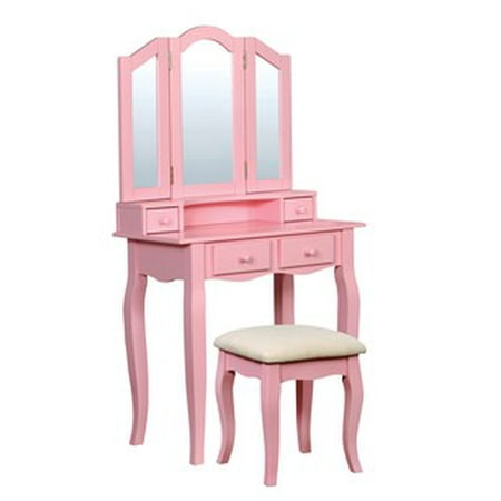 Arynna Tri Fold Mirror Vanity Set Transitional Style Pink