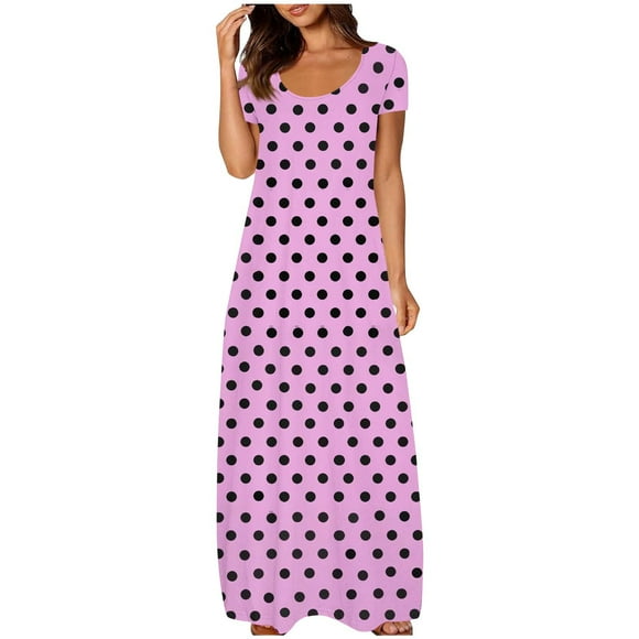 yoeyez Sundresses for Women Plus Size Short Sleeve Polka Dots Maxi Sun Dress Crew Neck Floor Length Long Dress Summer Vacation Swing Flowy Dresses Purple,S