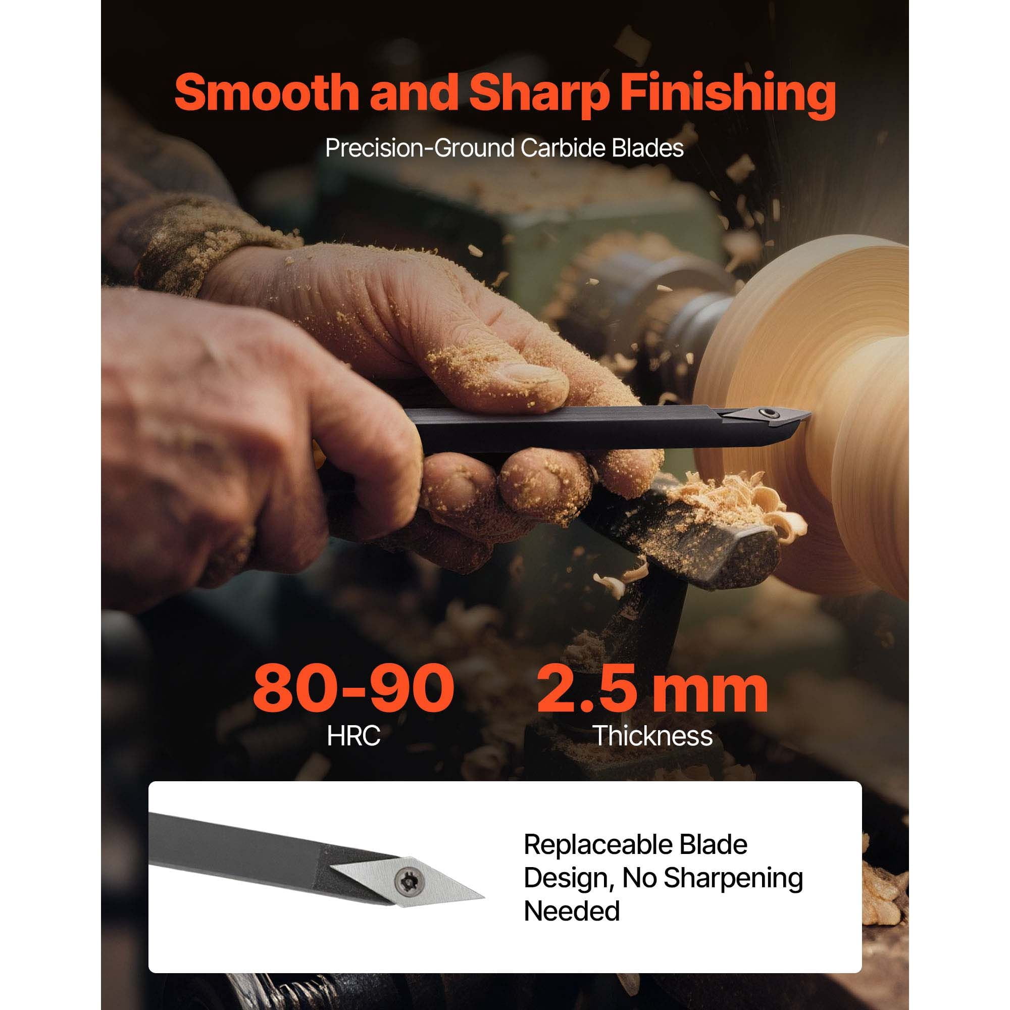 Wood Lathe Chisel Set 4-Piece Carbide Replaceable Blades Diamond/Round/Square with Wooden Box for Woodworking