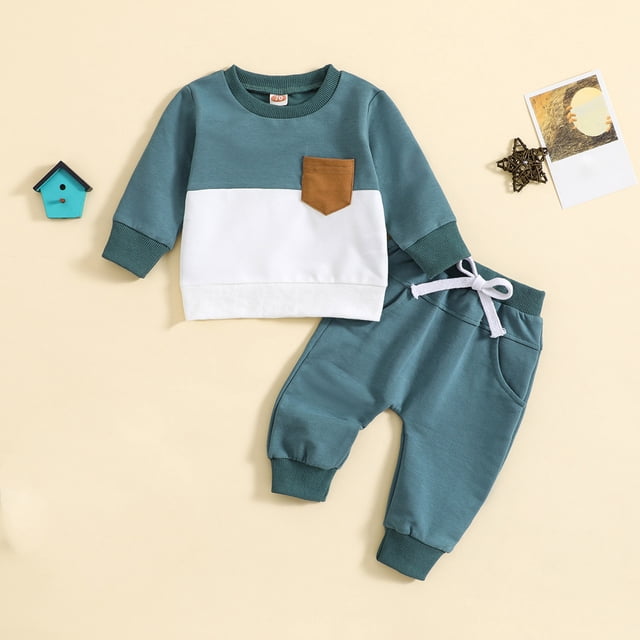 LSLJS Toddler Baby Boy Clothes Long Sleeve Striped Crewneck T-Shirt Top + Solid Drawstring Pants Set Infant Fall Outfits