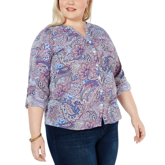 NY Collection Plus Size Printed Roll Tab Sleeve Utility Shirt Blue Loripais 1X