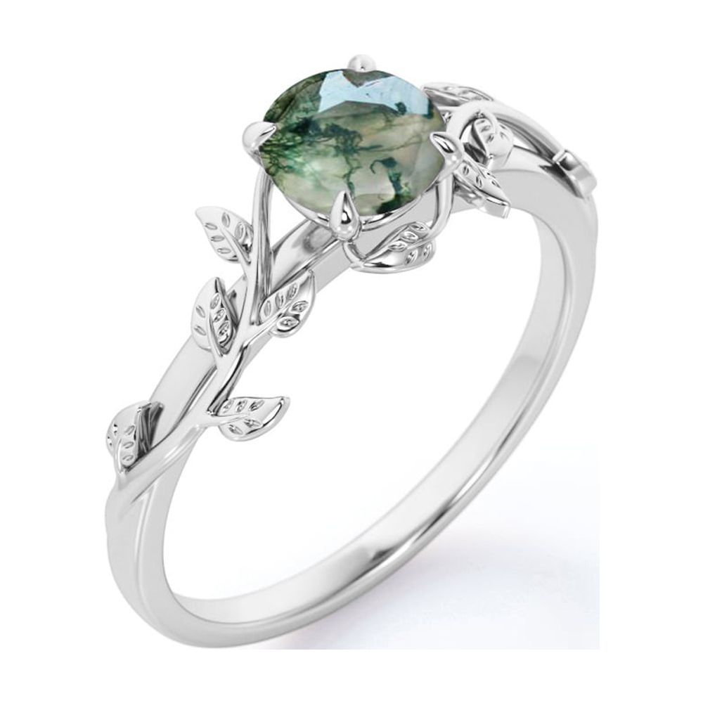 JeenMata Nature Inspired 0.50 Carat Natural Green Moss Agate Solitaire Engagement Ring - Forest Ring - 18K White Gold Over Silver - image 4 of 5