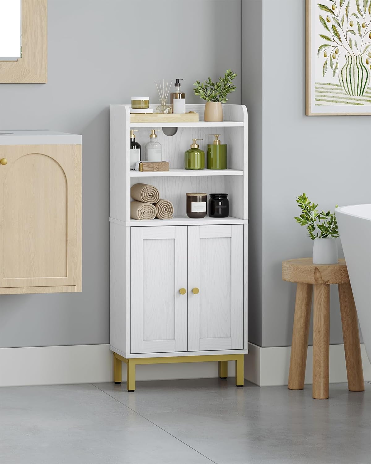 Bathroom Storage Cabinet, Small Floor Cabinet with 2 Door and Shelves, Toilet Paper Cabinets, Bathroom Organizer with Adjustable Shelf, for Small Spaces White 7.9" D x 14.6" W x 32.7" H