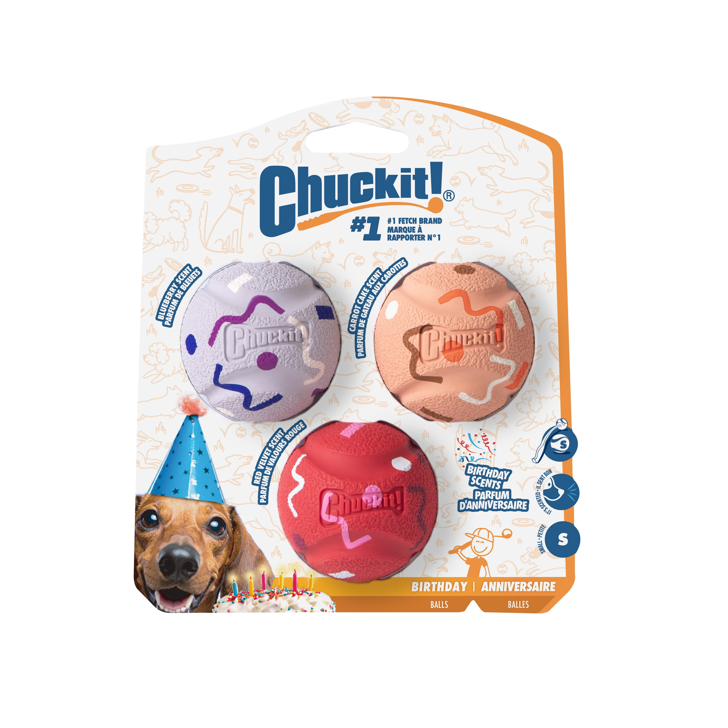 Chuckit! Birthday Fetch Medley Dog Balls, Small 2", Pack of 3 – Birthday‑Scented Rubber Fetch Toys for Dogs Up to 20 lb