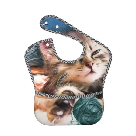 Bingfone Mess-Proof Baby Bib - Waterproof Bib For Baby Boy Or Girl With Food Catcher Pocket, Unisex-Playful Cat