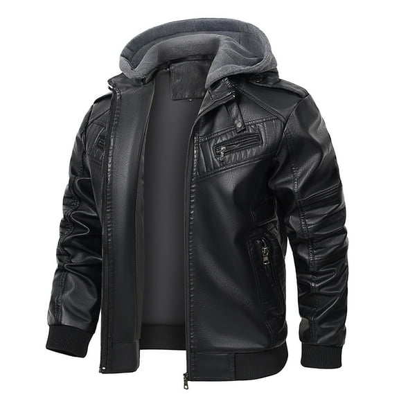 Maoxin Men's Leather Jacket Men's Solid Color Leather Fashionable Leather Long Sleeved Detachable Hooded Leather Jacket Leather Jackets for Men