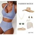 thumbnail image 6 of Eytino Women's High Waisted Bikini Set Halter V-Neck Twist Front Swimsuit Striped Vintage Bathing Suit with Patch Pocket, Blue, L, 6 of 7