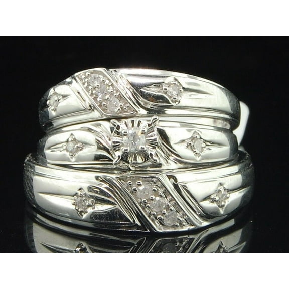 Men's Ladies 10K White Gold Diamond Engagement Ring Wedding Band Trio Set .15 Ct