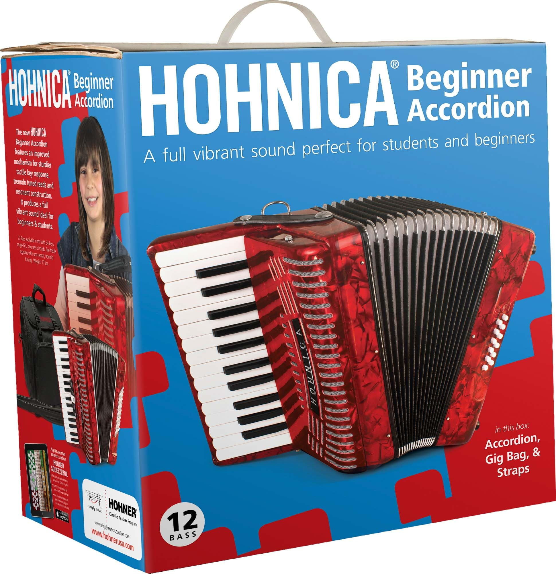 Hohner Hohnica 1303 12 Bass Piano Accordion - Pearl Red Bundle with Gig Bag, Straps, and Austin Bazaar Polishing Cloth