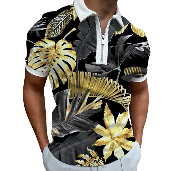 Bibifish Mens Polo Shirts Gold Leaf Print Short Sleeve Zip Lapel Collar Solid Black Shirts Summer Vacation Wear Tops