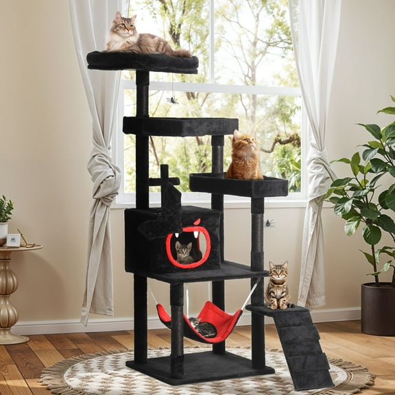 ModFusion 63" Gothic Halloween Cat Tree Tower in Black & Red with Casket Nests, Hammock, Condo & Scratching Posts – Multi-Level Cat Furniture for Indoor Cats, Black