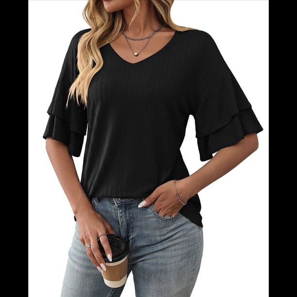 Camisetas Elegantes de Cuello en V para Mujer, de Doble Capa, con Mangas Acampanadas y Volantes de 3/4, Color Negro, Talla XXL