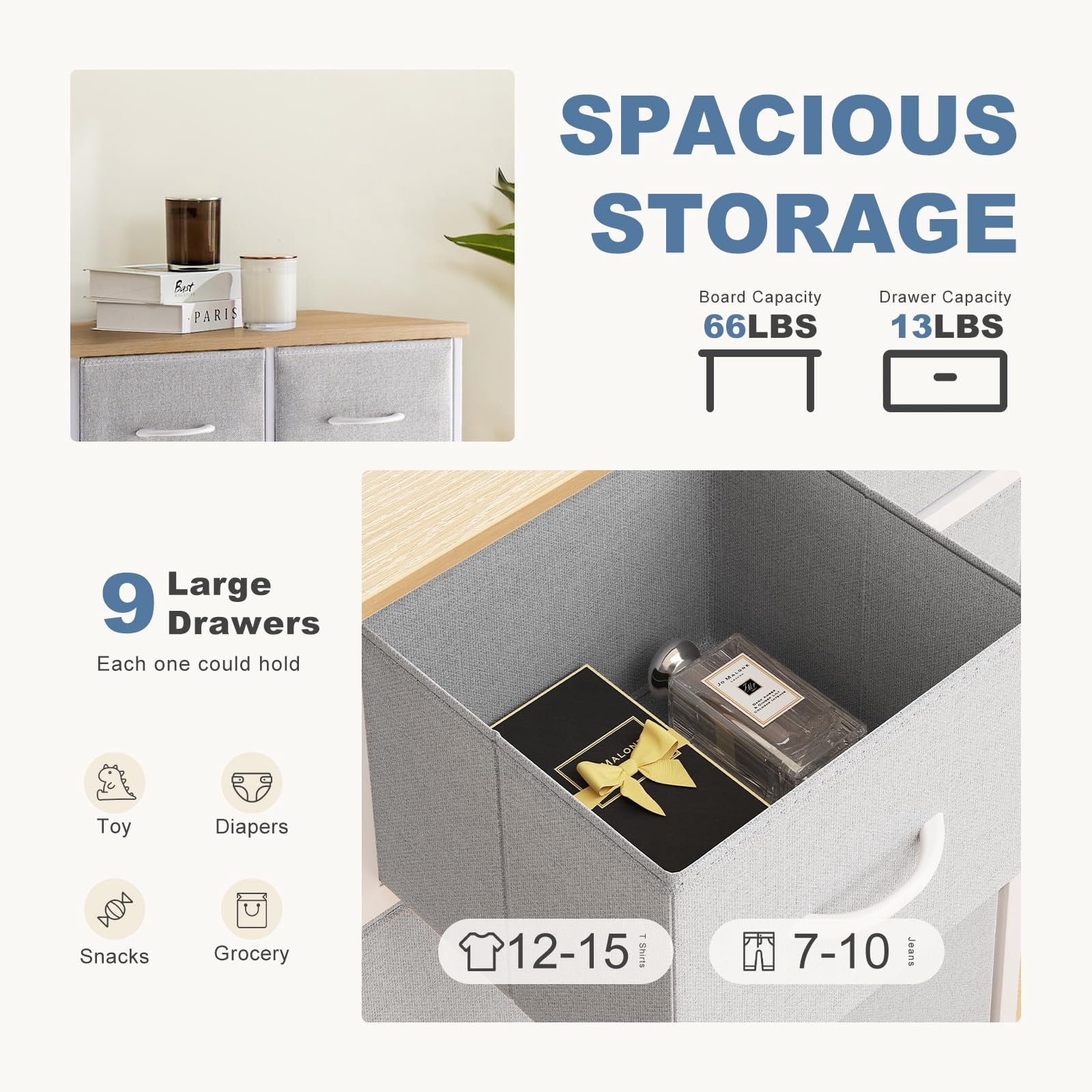 Telyra 9-Drawer Fabric Dresser Tall Storage Tower with Wood Top and Steel Frame Bedroom Closet Organizer, Light Gray