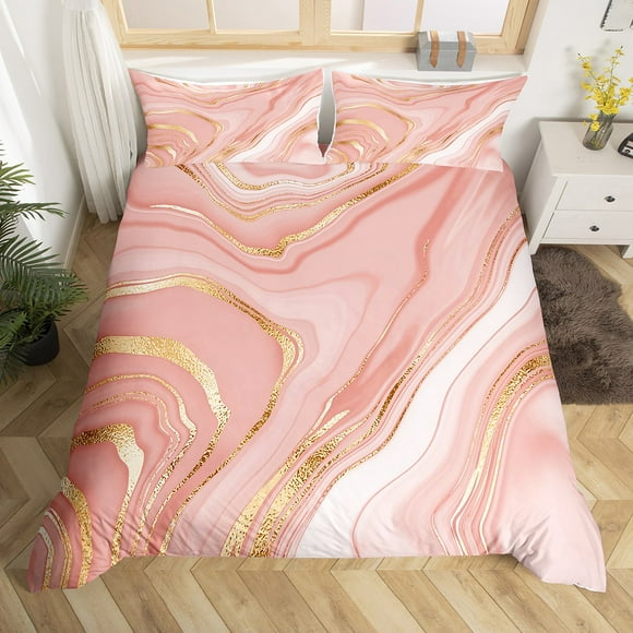 Pink Golden Marble Duvet Cover for Kids Boys Girls,Metallic Marble Bedding Set King,Gradient Marble Texture Comforter Cover,Abstract Art Bed Sets with 2 Pillowcases Bedroom Decor