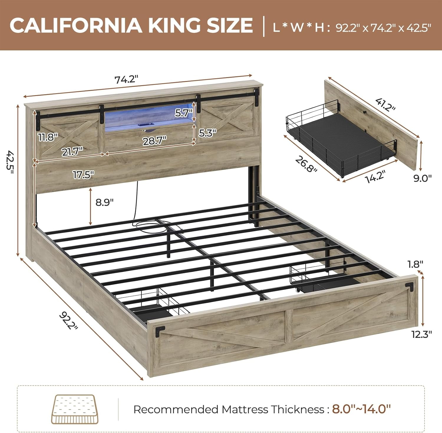 Farmhouse California King Size Bed Frame with LED Lights, Charging Station, Wooden California King Bed with Storage Bookcase Headboard, 2 Drawers, Country Rustic Bed Frame with Sliding Barn Door,Gray