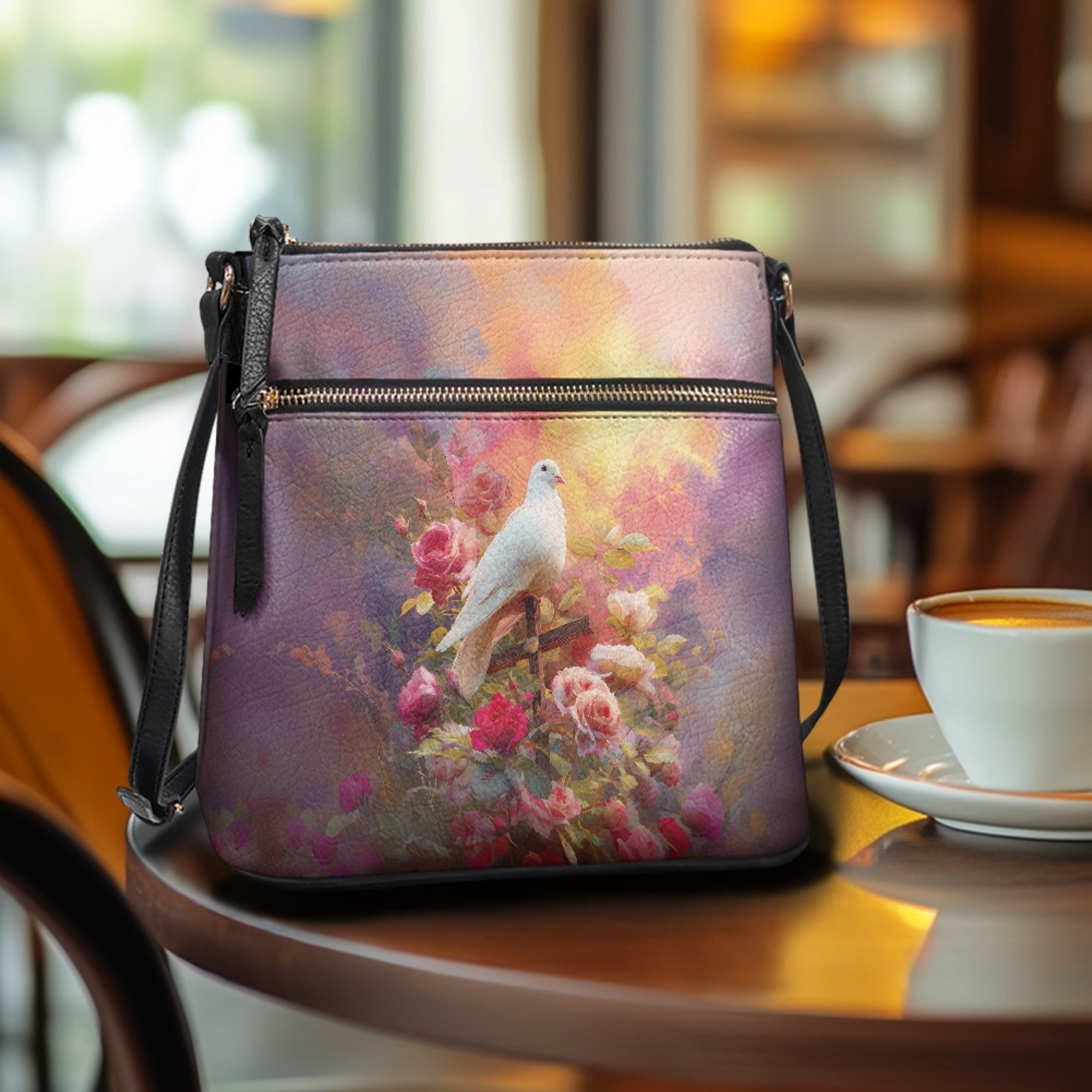 Kuiaobaty Pigeon Cross Rose Print Crossbody Bag for Women Trendy, Roomy Casual Vegan Leather Sling Handbag Crossbody, Lightweight Zipper Hobo Purse with Adjustable Strap for Travel