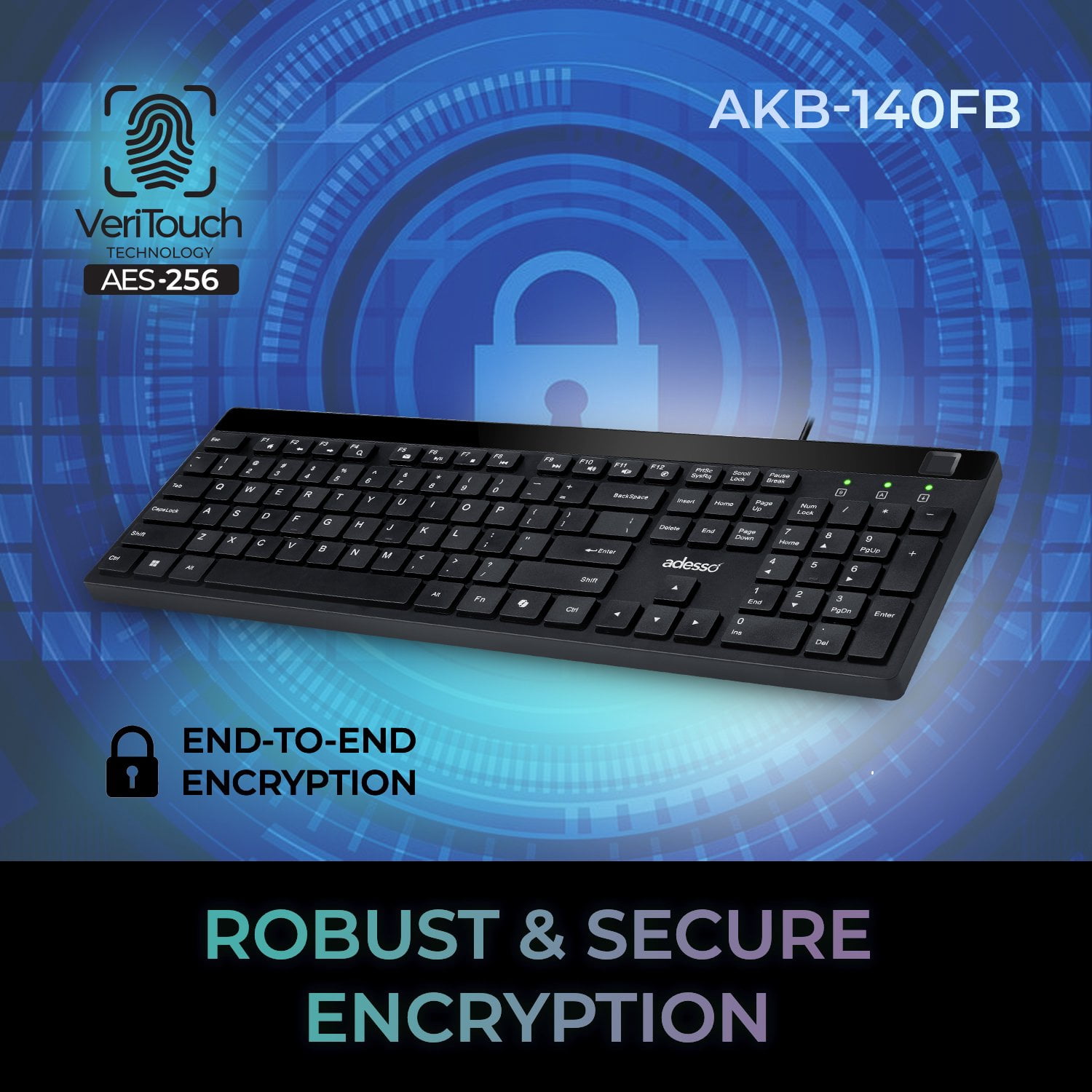 Adesso AKB-140FB Keyboard - Cable Connectivity - USB Type A, USB Type C Interface - 104 Key(s) - My Computer, Back, Forward, Search, Email, CoPilot, Play/Pause, Stop, Previous Track, Next Track, Vo...