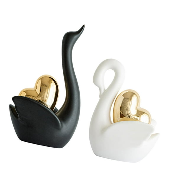 2 figuras de cisne de cerámica para decoración de pareja, adorno para sala de estar. En blanco y negro