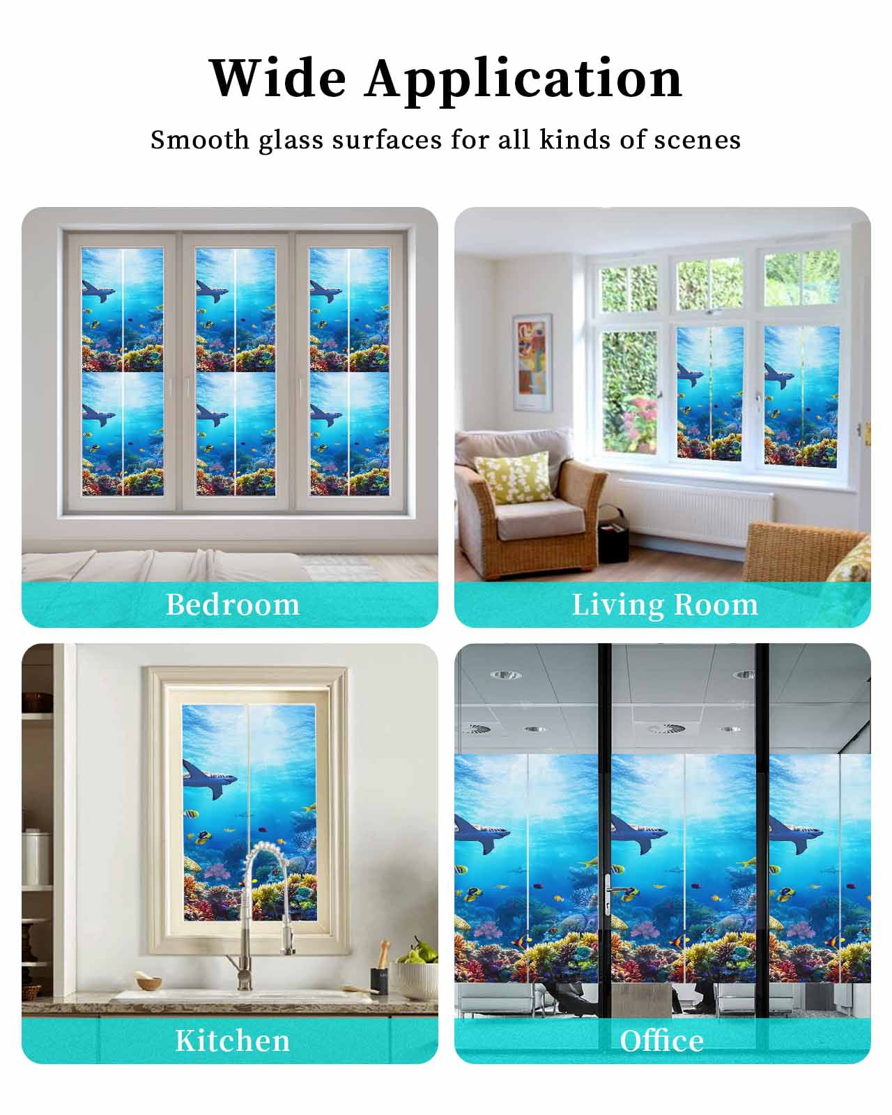 Window Privacy Film Shark Stained Glass Window Film Decorative Sun Block Window Cover Blue Ocean Underwater Animal Coral Tropical Fish Window Clings Static Adhesive Sticker for Bathroom 23.6"x59"