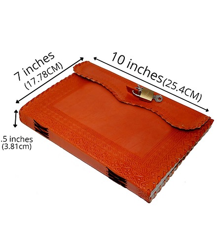 Jaald 10" Leather Journal Blank Notebook Handmade Travel Diary with Lock Writing Bullet Journal Christmas Gift Orange Sketchbook for Artists