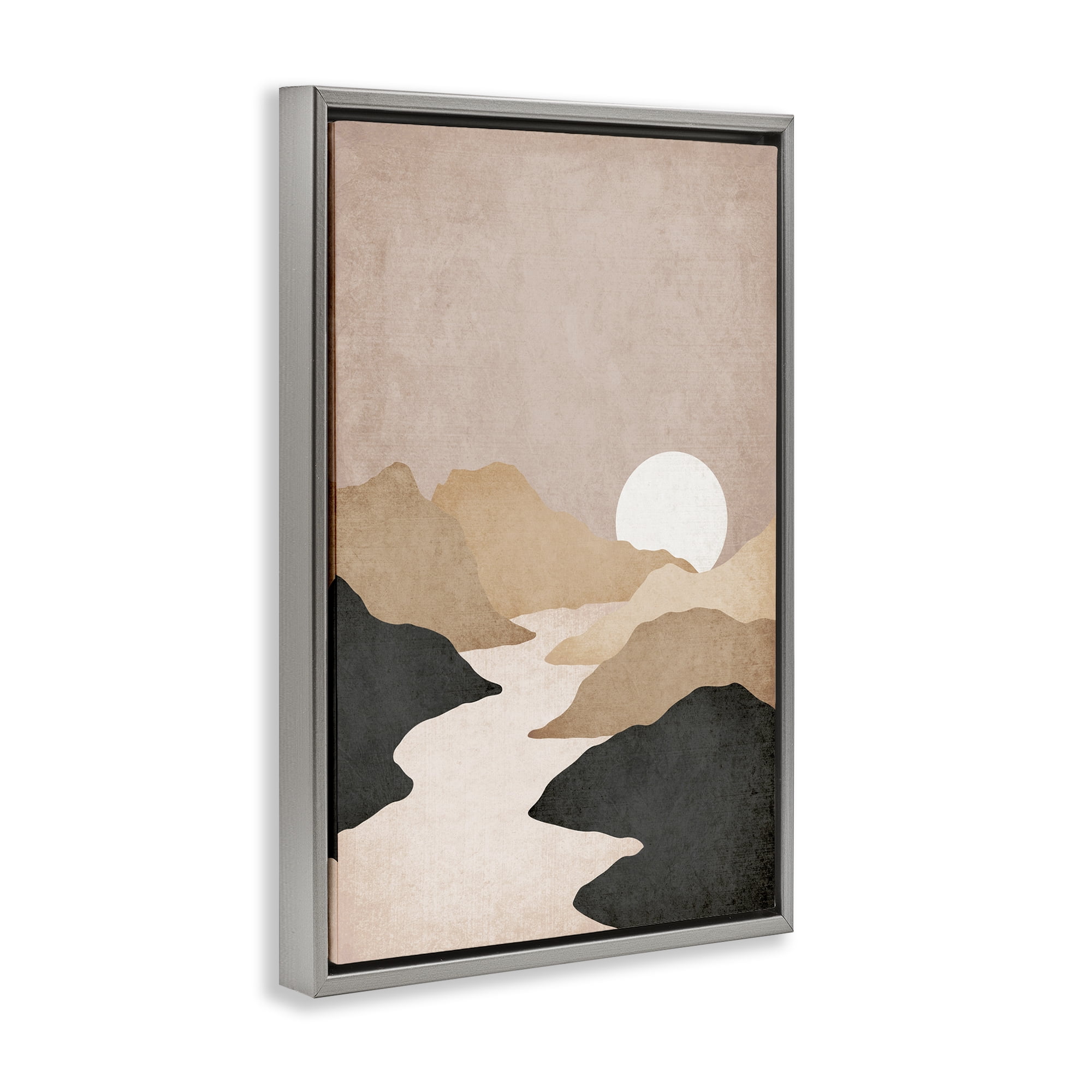 Stupell Industries Beige Mountains with Stream Landscape & Nature Painting Gray Floater Framed Canvas Art Print Wall Art, 21 x 31