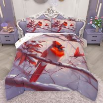 Homewish Cartoon Red Bird Full Size Comforter Sets for Kids, Christmas Robin Animal Bedding Comforter Set, Winter Western Festival Reversible Bedding Sets, Luxury Bedroom Decor, 3pcs