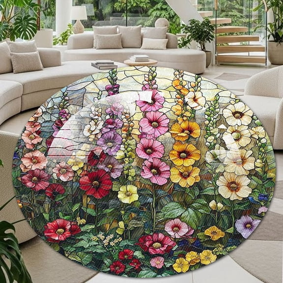 Round Area Rug, Hollyhocks Non-Slip Floor Mat, Soft Washable Carpet for Living Room Bedroom Decor 24 Inch