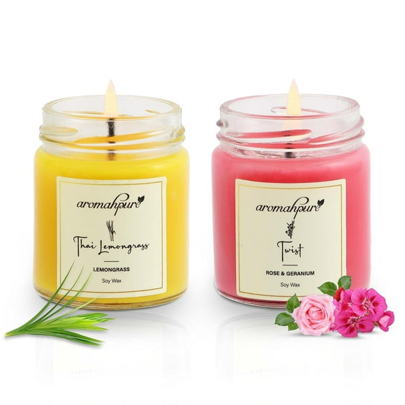 Aromahpure 100ml + 100ml Round Jar Candle (54 Hours) | Thai lemongrass- Lemongrass, Twist- Rose & Geranium Scented Candle | 100% Soy wax, Smokeless Candle | Pack of 2