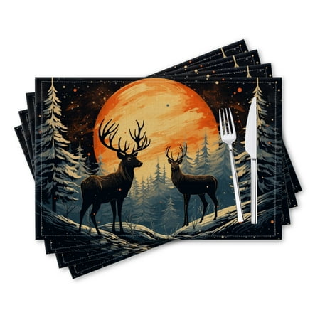 

BaHomeck placemats Set of 4 rectangle Linen Cotton Placemats for Dining Table Washable Heat Resistant 18*12inch Beautiful Winter Night Landscape With Deers