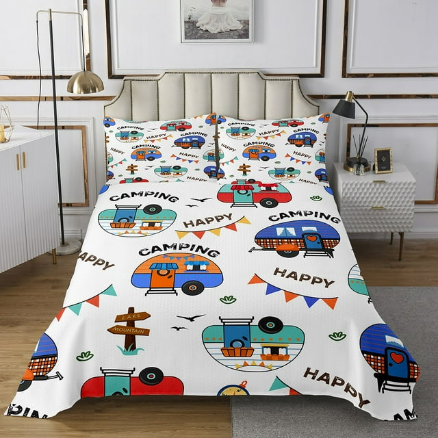 Erosebridal Vintage Camping Coverlet Set Twin, Rustic Farmhouse Bedding Set, Cartoon Theme Decor,