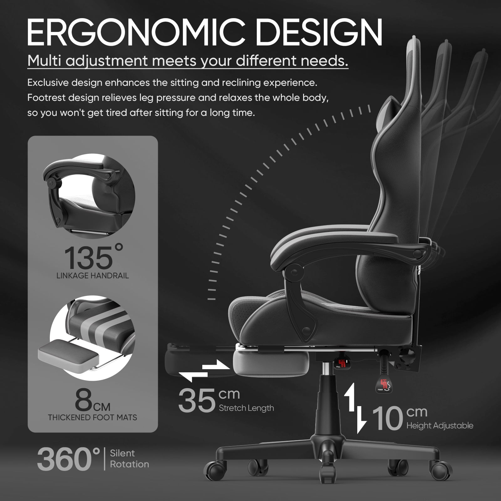 Lointain Grey Gaming Chairs with Footrest, PC Computer Chairs for Adults, Ergonomic Office Chair with Height Adjustment,Retractable Footrest,Headrest & Massage Lumbar Support,Racing Game Gamer Chair