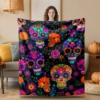 Traditional Mexican Throw Blanket Skull and Tropical Flowers Pattern Soft Lightweight Warm Plush Blankets for Sofa Bedroom 50"x60"