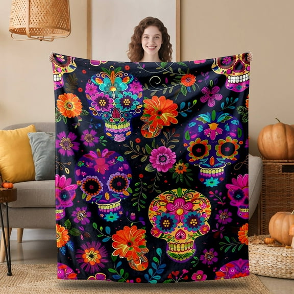 Traditional Mexican Throw Blanket Skull and Tropical Flowers Pattern Soft Lightweight Warm Plush Blankets for Sofa Bedroom 50"x60"