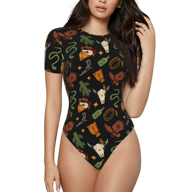 Balery Wild West Cowboy Body de cuello redondo de manga corta para mujer Tops de manga corta Tops básicos-Medium