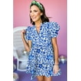 thumbnail image 2 of Women's Blue Floral Print Puff Sleeve Tiered Mini Dress, 2 of 12