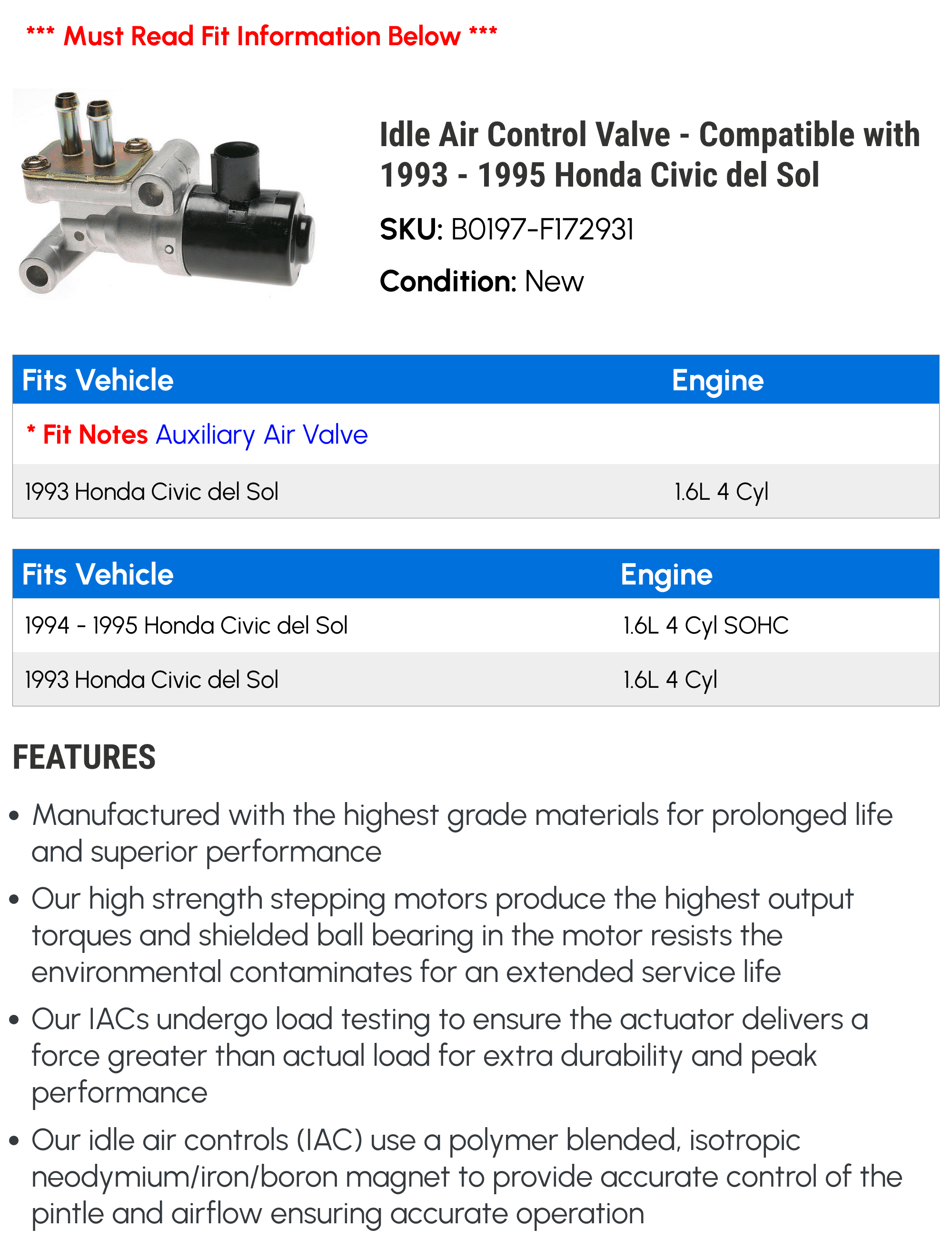 Idle Air Control Valve - Compatible with 1993 - 1995 Honda Civic del Sol 1994
