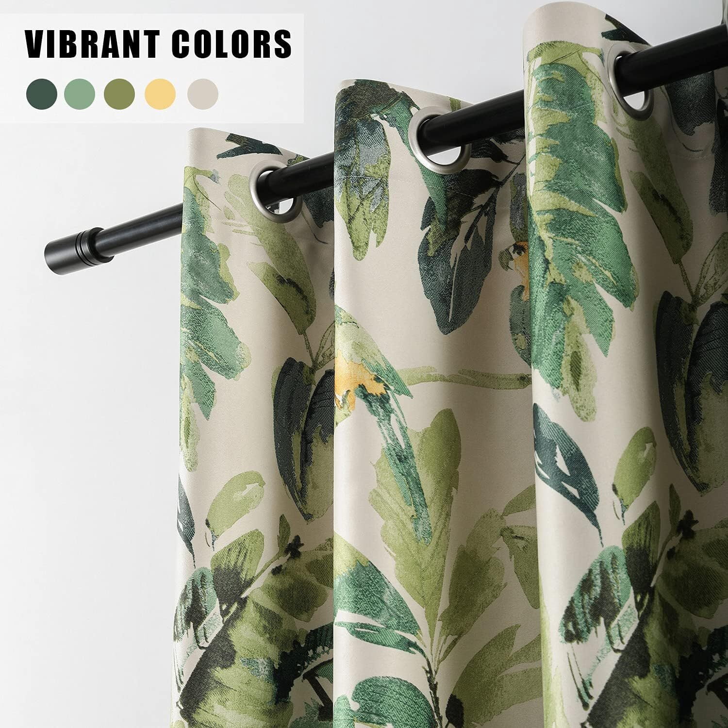 VOGOL Heavy Blackout Bedroom Drapes, Linen Look Room Darkening Window Curtains for Room Divider, 2 Panels, Green Bird & Plants, 52 x 96, Grommet