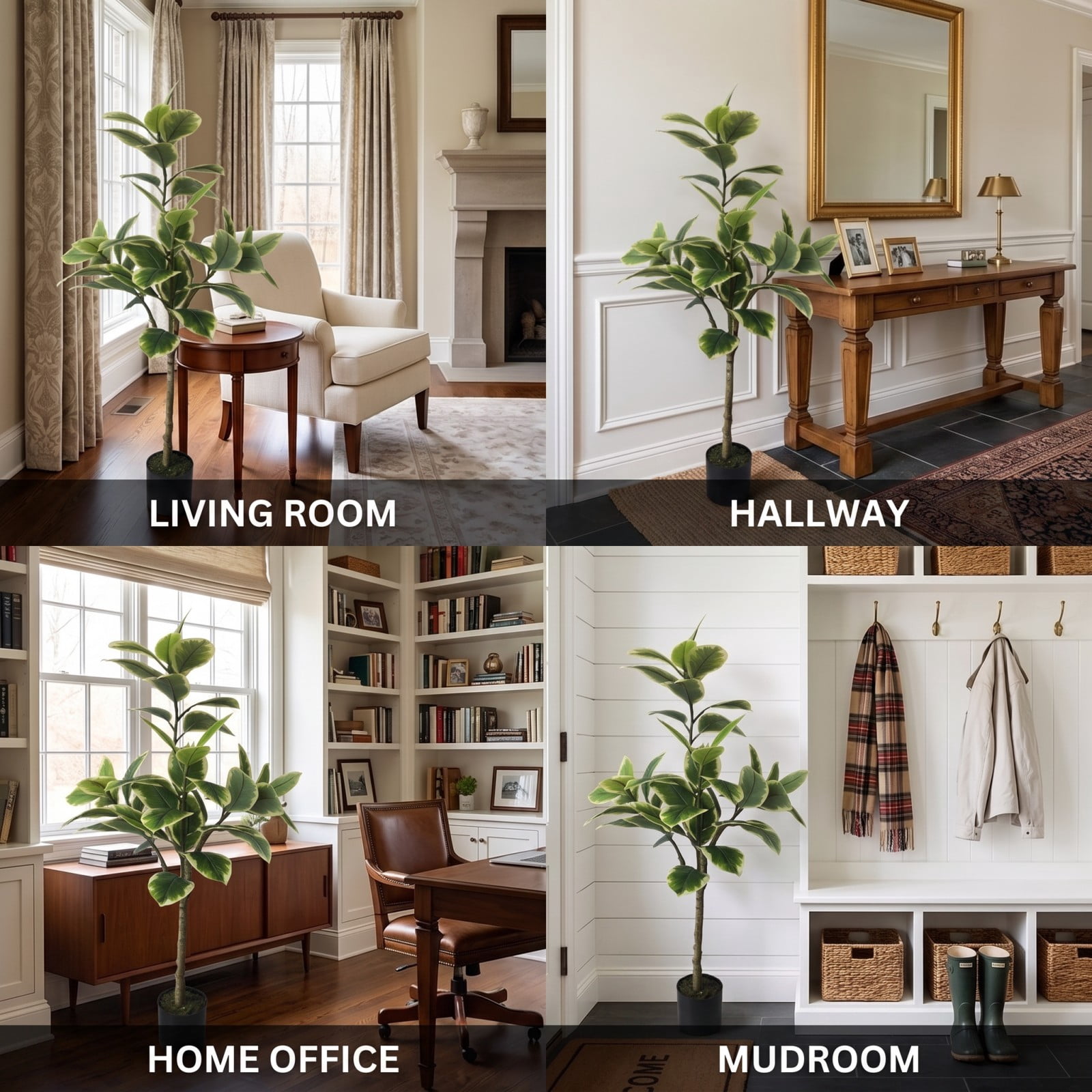 BEAUTYPEAK 4FT Artificial Plant Fake Indoor Rubber Tree Decorative Outdoor Greenery in Black Pot