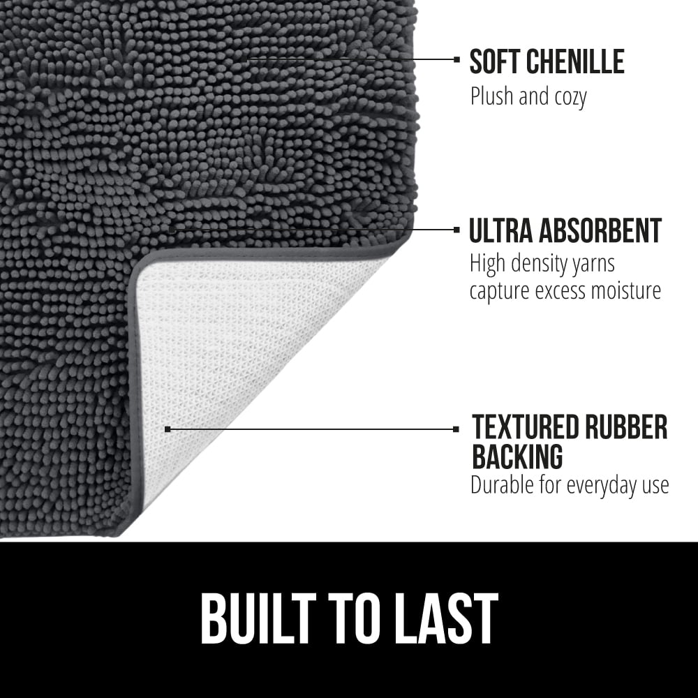 GORILLA GRIP Chenille Bath Rug 24x17, Rubber Backing Quick Dry Washable Microfiber Mats, Charcoal