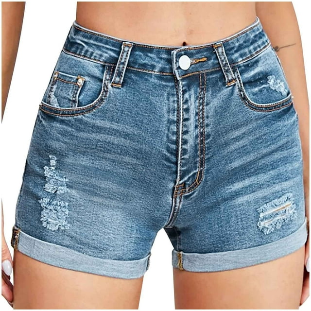 Jean Shorts Womens High Waisted Stretchy Frayed Raw Hem Ripped Denim Shorts Distressed Foldem Hem Summer Hot Short Pants