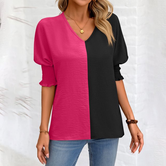 Fiudx Camisas para Mujer Top de Bloques de Color con Cuello En V, Informal, Suelto, con Mangas Anudadas para Mujer