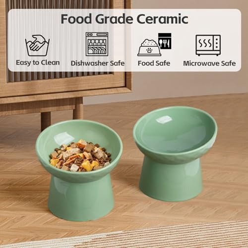 Raised Cat Bowl, Elevated Cat Food Bowls with Tilted Angle, Stress Free, Anti Vomiting, Ceramic Water Bowl for Cats Small Dogs Feeding Dish, 8 Ounces (Green-1)