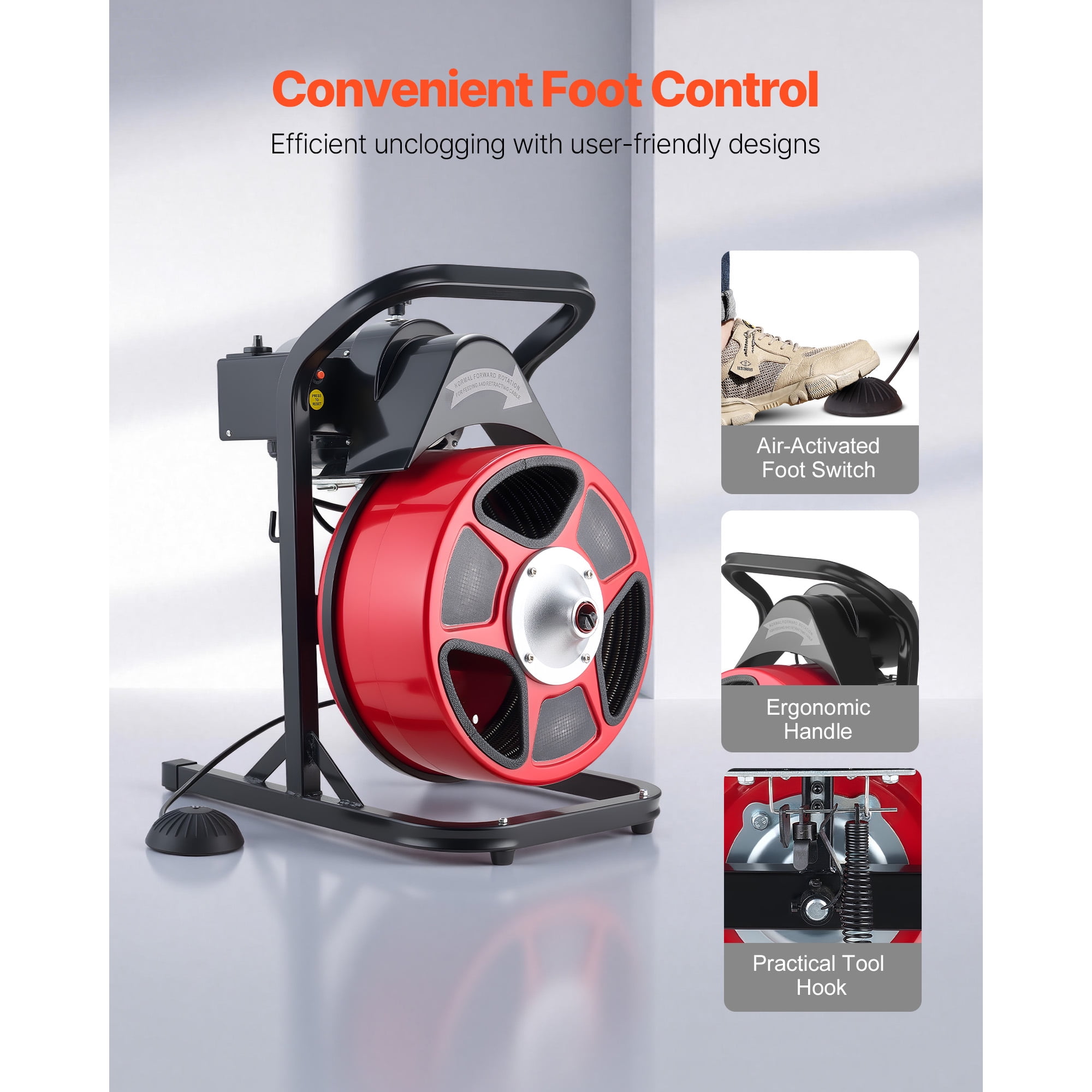 KFFKFF Drain Cleaning Machine 50 FT x 1/2 Inch, Manual Feed Sewer Snake with 4 Cutting Tools & Foot-Activated Switch for 2" to 6" Pipes