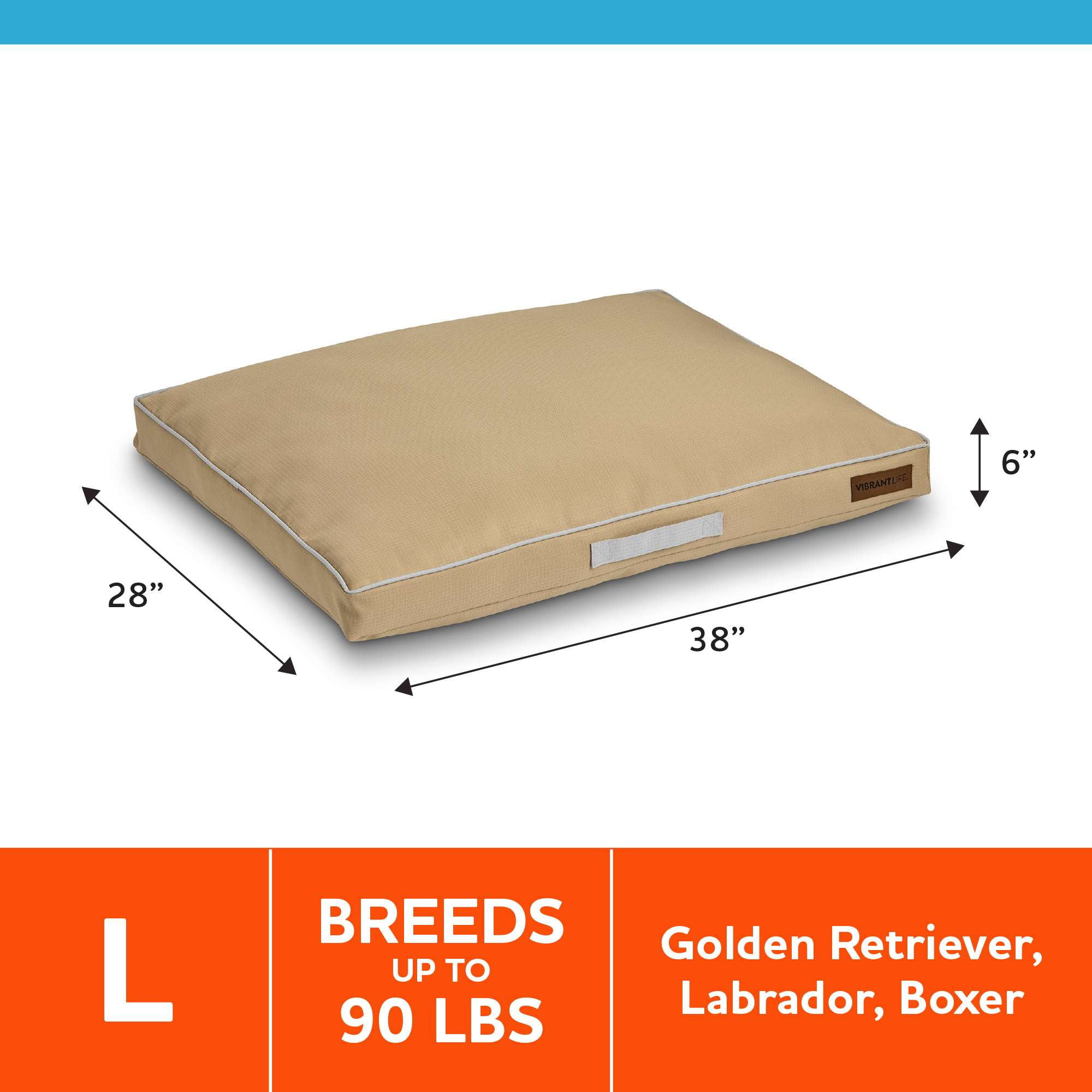 Vibrant Life Large Dog Bed, Travel Bed, Durable, Chew Resistant, for Large Breeds, 38" x 28", Warm Sand