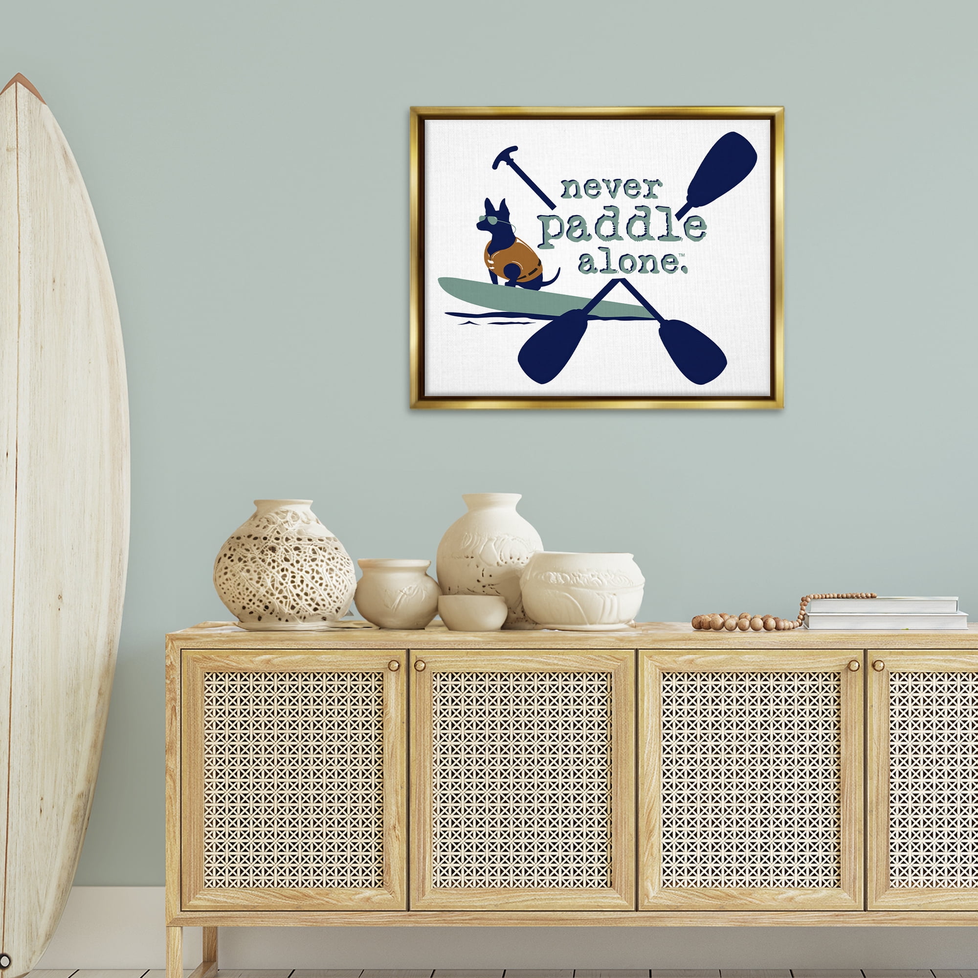 Stupell Industries Never Paddle Alone with Dog Animals Painting Gold Floater Framed Canvas Art Print Wall Art, 31 x 25