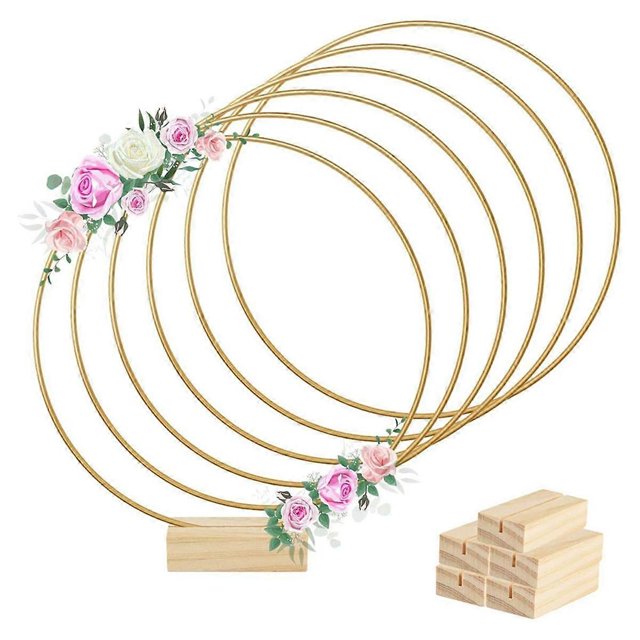 6 Pieces 8 Inch Metal Floral Ring Centerpiece Strips 6 Wooden Stands for Table Decoration DIY Decorative Wall Hanging