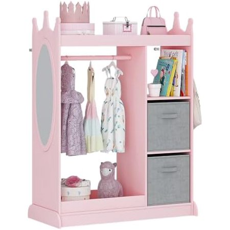Kids Armoire Wardrobe Closet with Mirror and Storage Bin, Pink, 33.4 in W x 15.75 in D x 44.5 in H