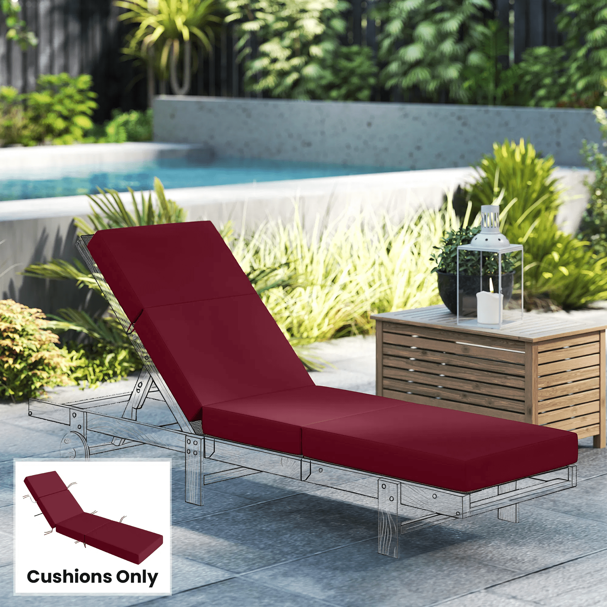 Chaise Lounge Cushion, 3.9" Thick Outdoor Lounge Chair Cushions with Ties for Patio, 21" x 72", Red